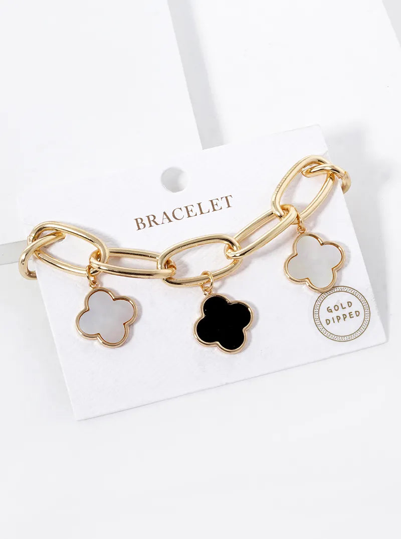 18K-Gold-Dipped Five 16mm Semi-Precious Quatrefoil Charms Chain Bracelet