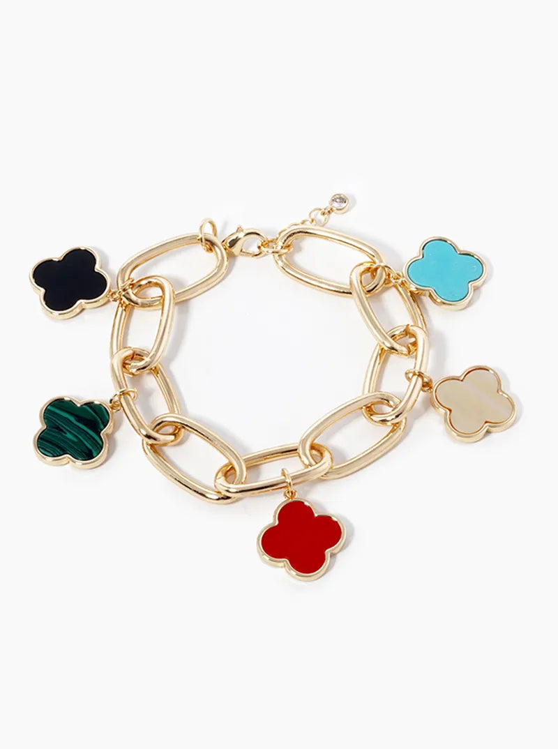 18K-Gold-Dipped Five 16mm Semi-Precious Quatrefoil Charms Chain Bracelet