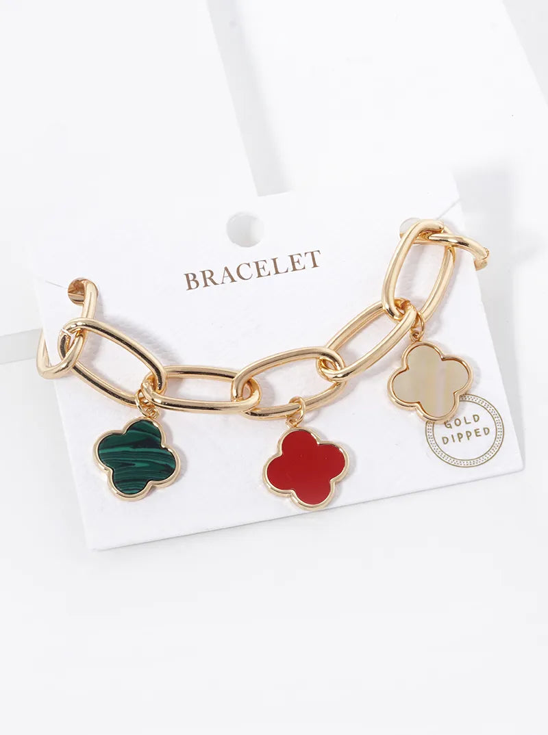 18K-Gold-Dipped Five 16mm Semi-Precious Quatrefoil Charms Chain Bracelet