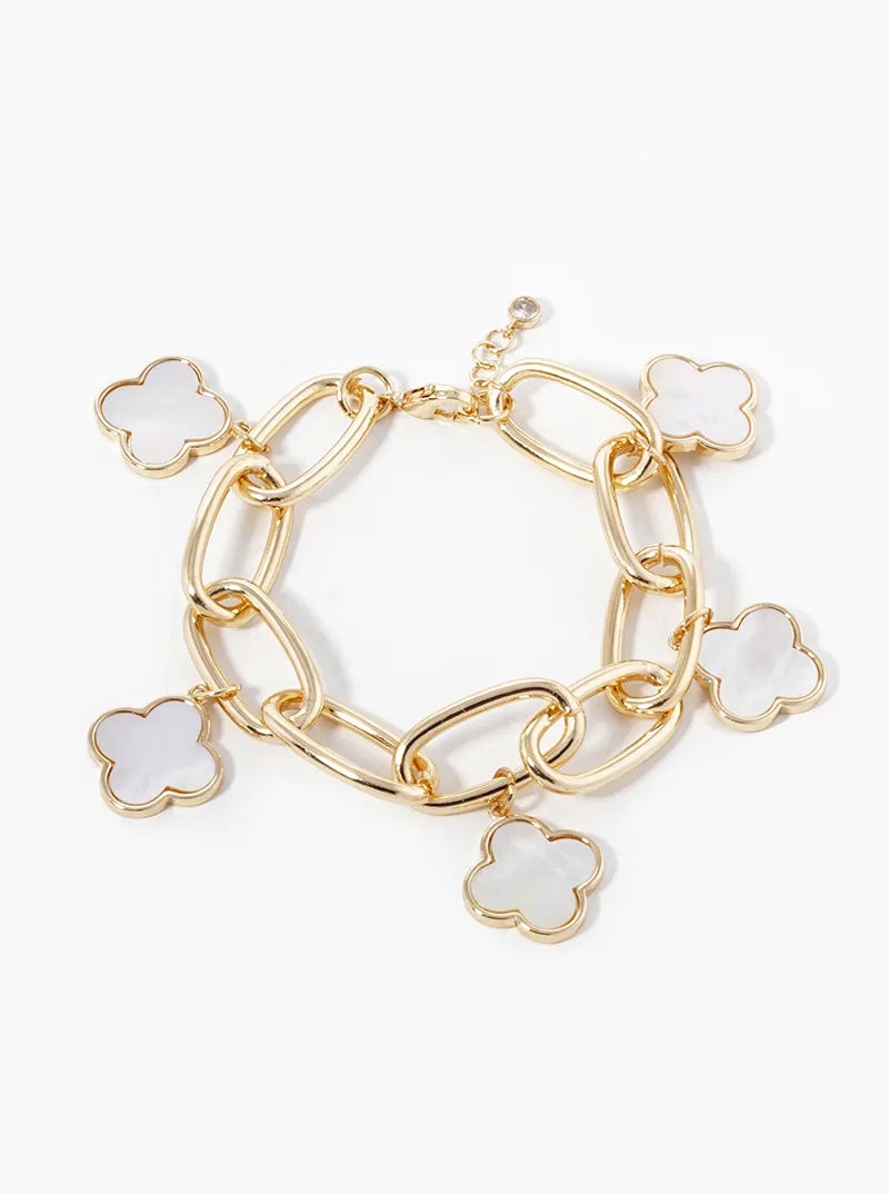18K-Gold-Dipped Five 16mm Semi-Precious Quatrefoil Charms Chain Bracelet
