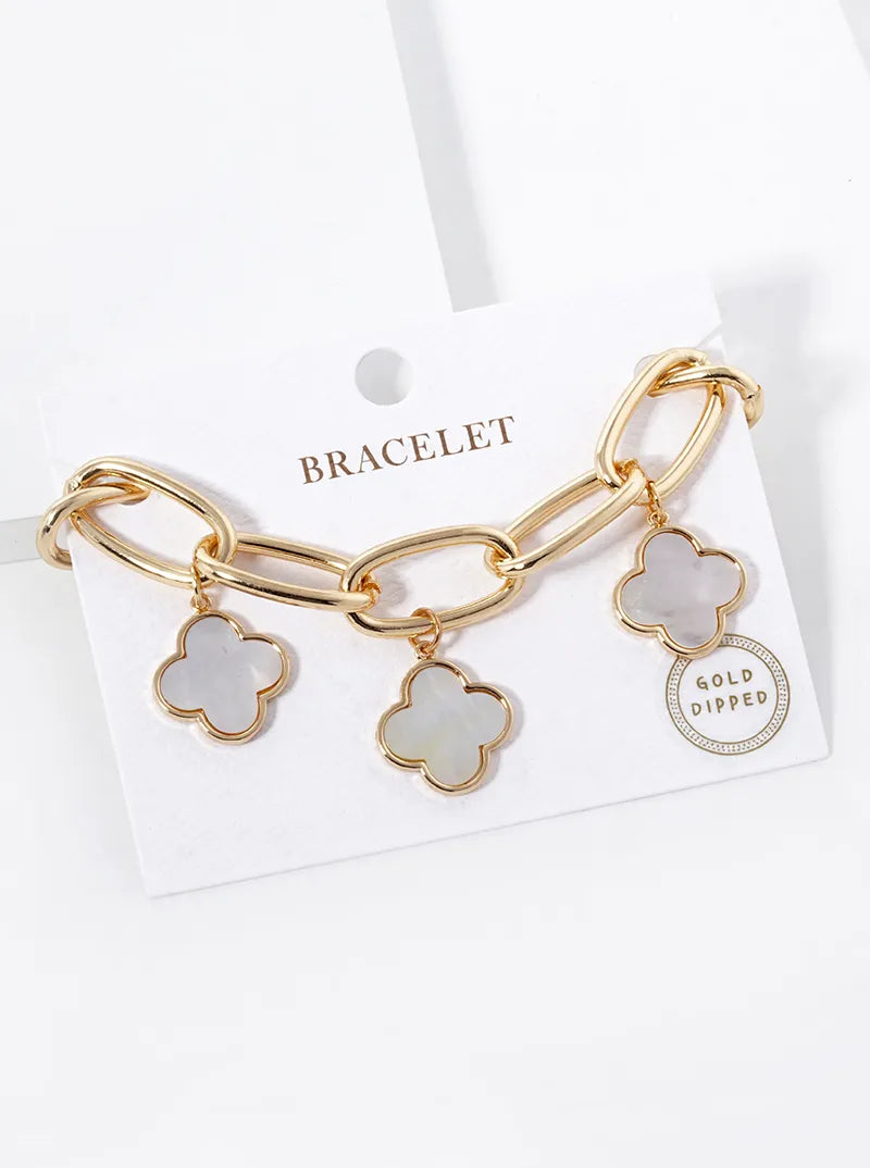 18K-Gold-Dipped Five 16mm Semi-Precious Quatrefoil Charms Chain Bracelet