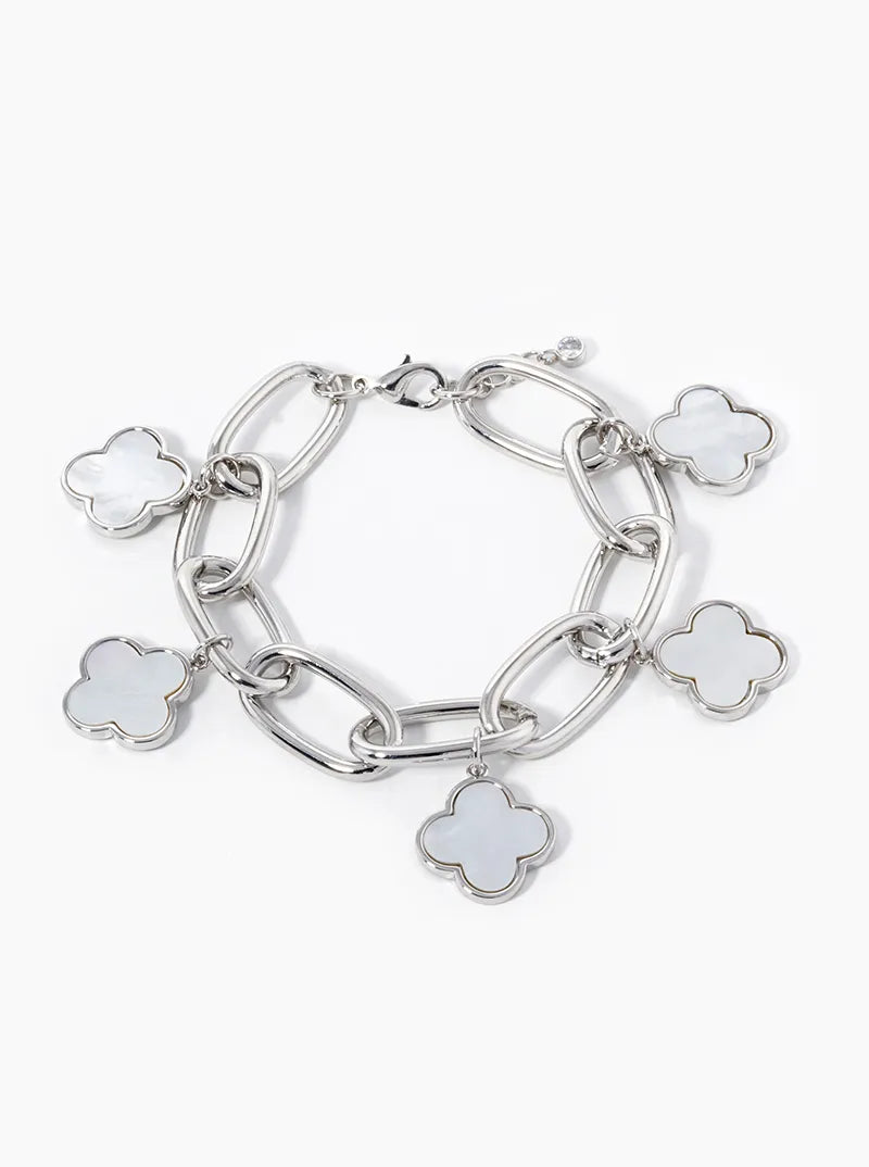 18K-Gold-Dipped Five 16mm Semi-Precious Quatrefoil Charms Chain Bracelet