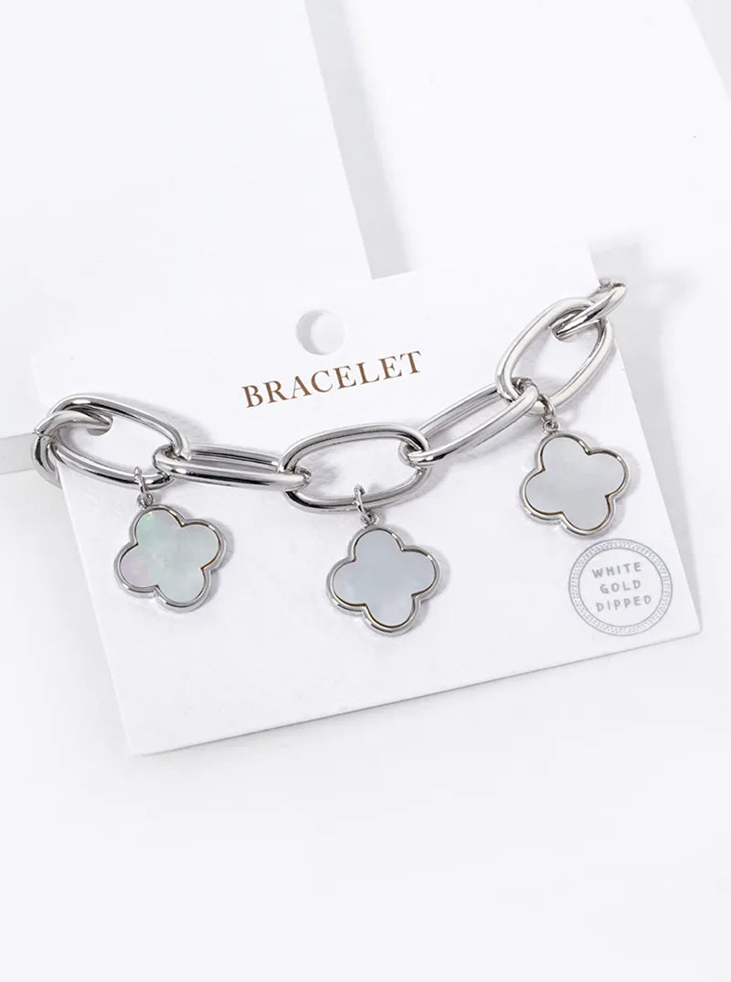 18K-Gold-Dipped Five 16mm Semi-Precious Quatrefoil Charms Chain Bracelet