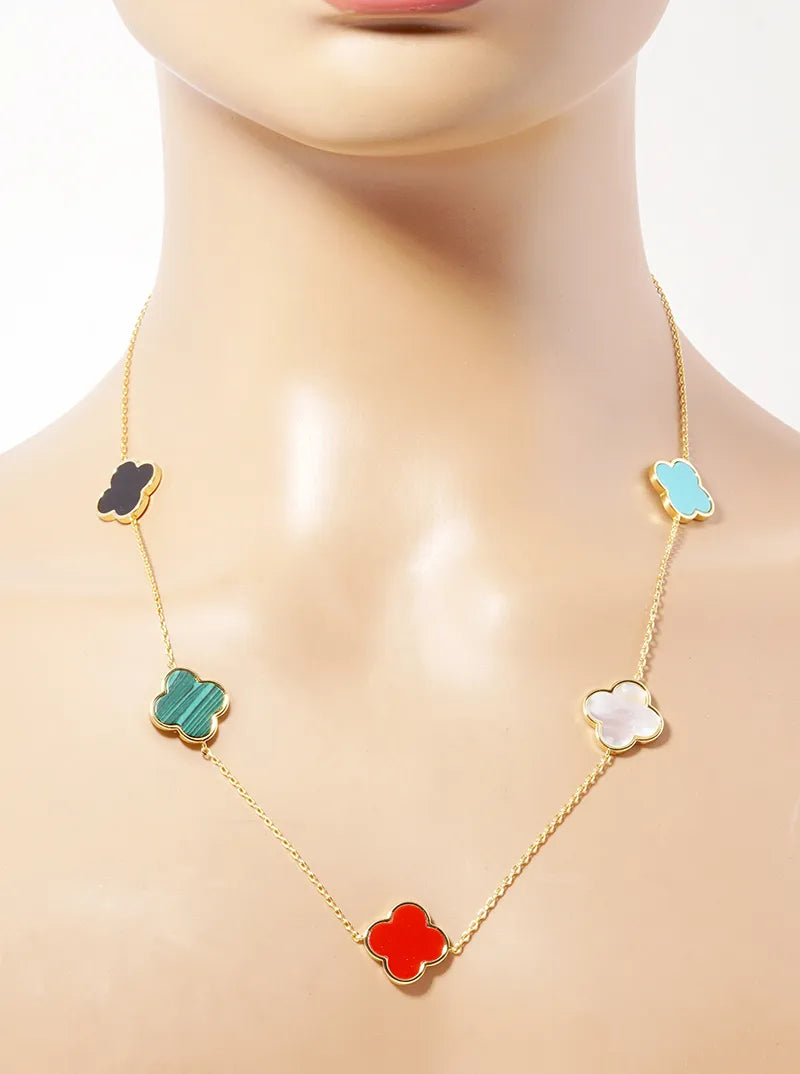 18K Gold Dipped Five 17mm Semi-Precious Quatrefoil Pendant 22 Inch Station Necklace