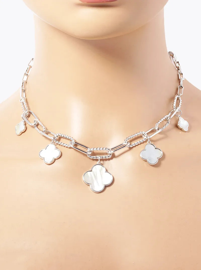 18K Gold Dipped Five Graduated Semi-Precious Quatrefoil Pendant Link Chain Necklace