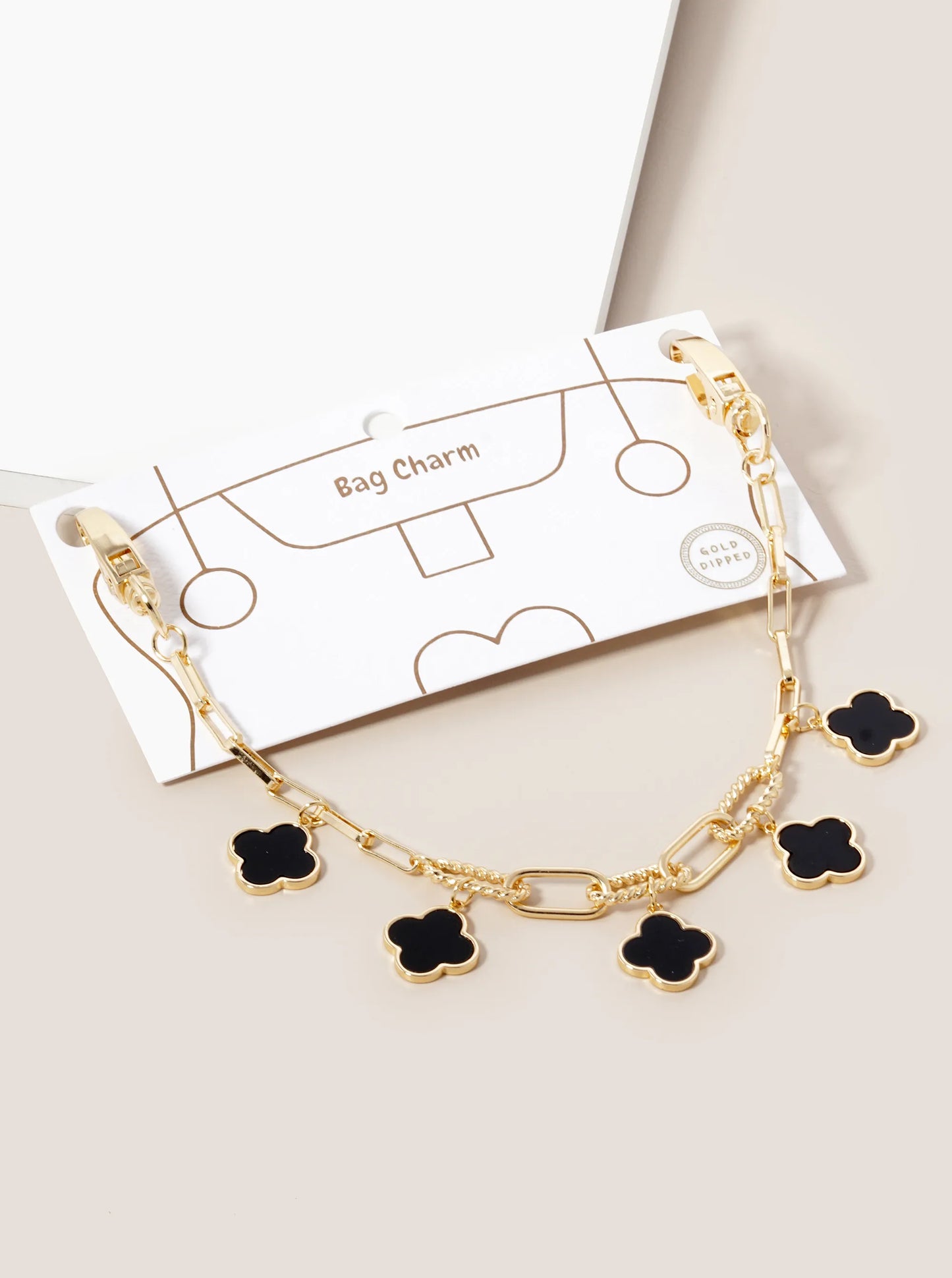 18K Gold Dipped Five Quatrefoil Bag Charm Rectangle Link Chain