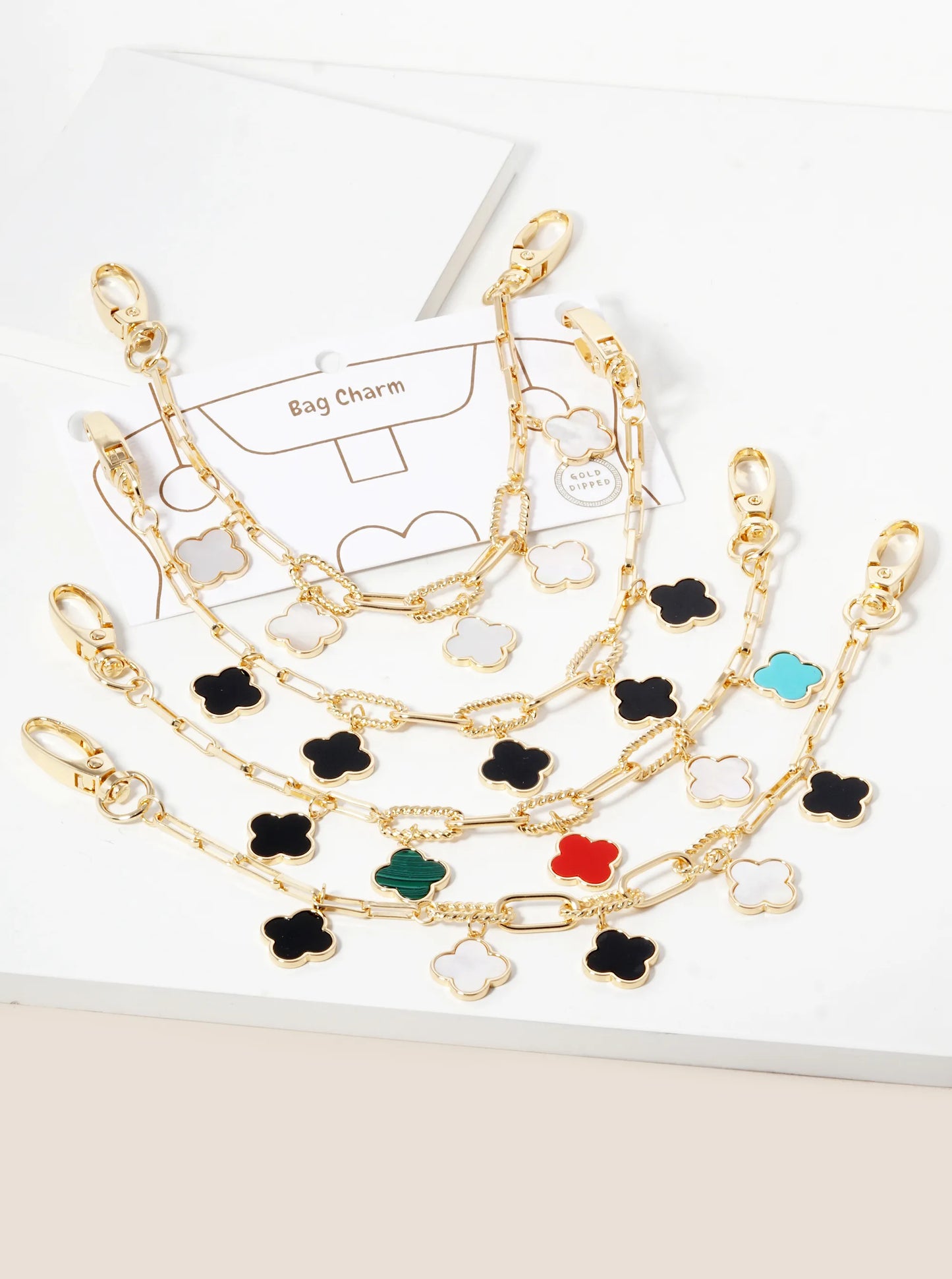 18K Gold Dipped Five Quatrefoil Bag Charm Rectangle Link Chain