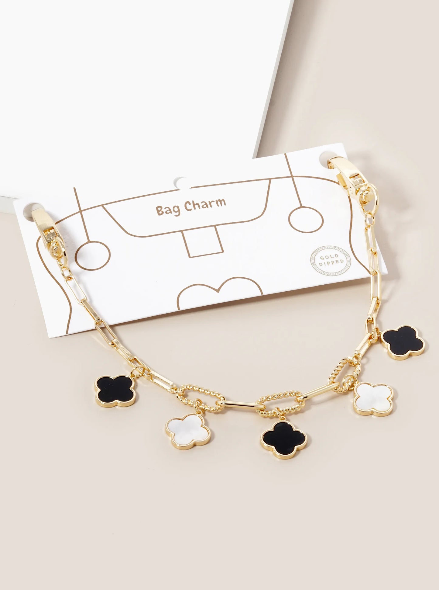 18K Gold Dipped Five Quatrefoil Bag Charm Rectangle Link Chain