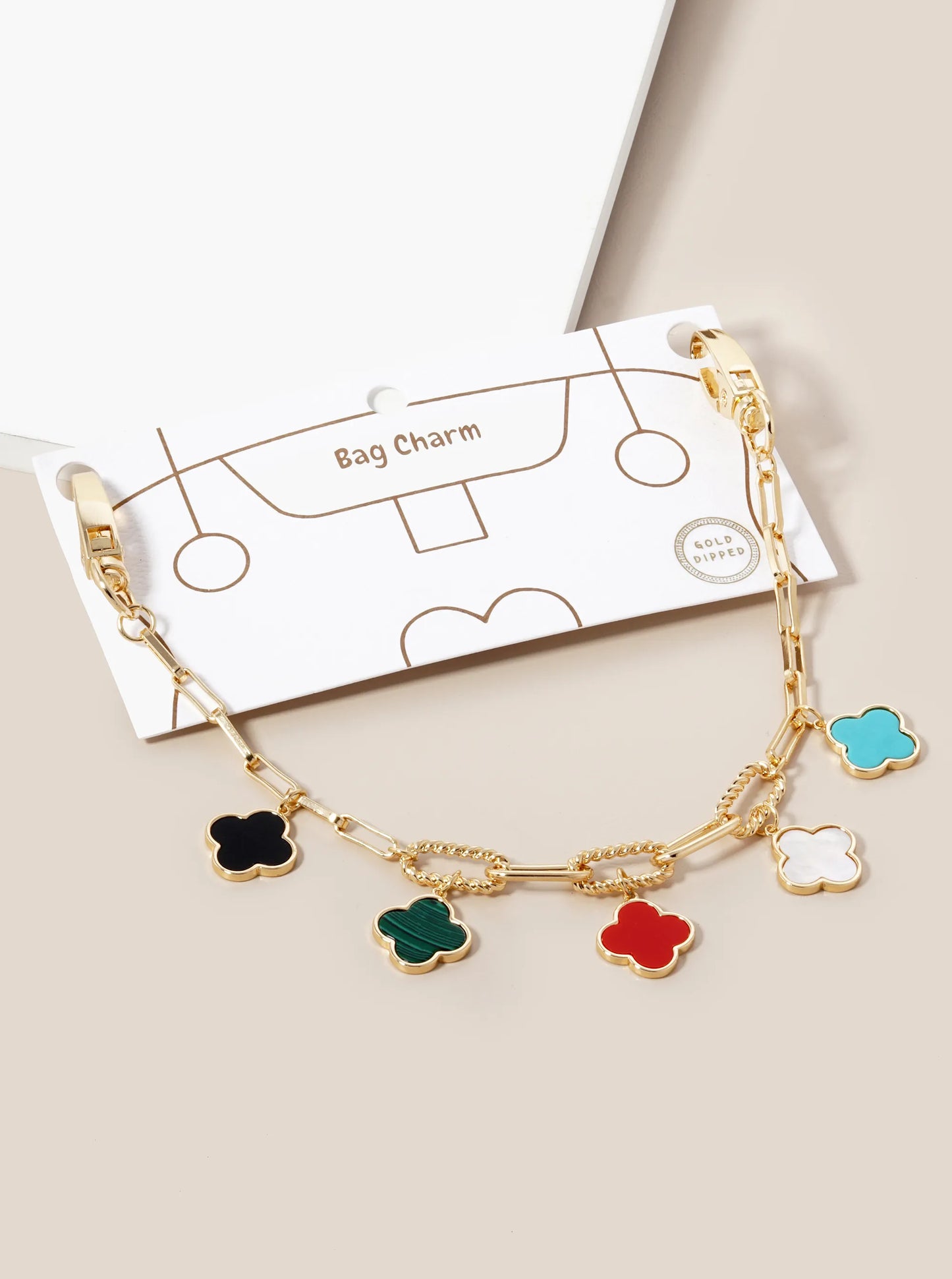 18K Gold Dipped Five Quatrefoil Bag Charm Rectangle Link Chain