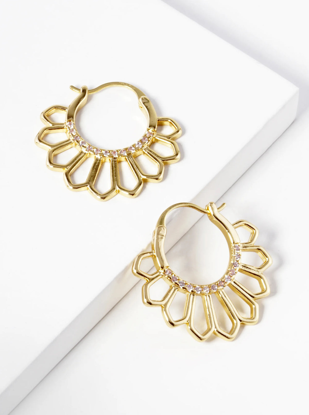 18K Gold Dipped Flower Motif Brass Pin Catch Hoop Earrings