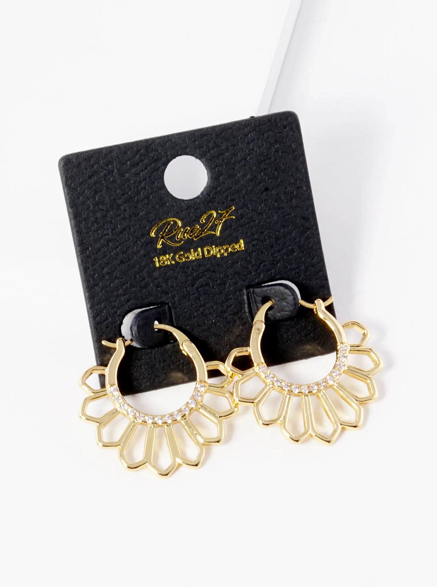 18K Gold Dipped Flower Motif Brass Pin Catch Hoop Earrings