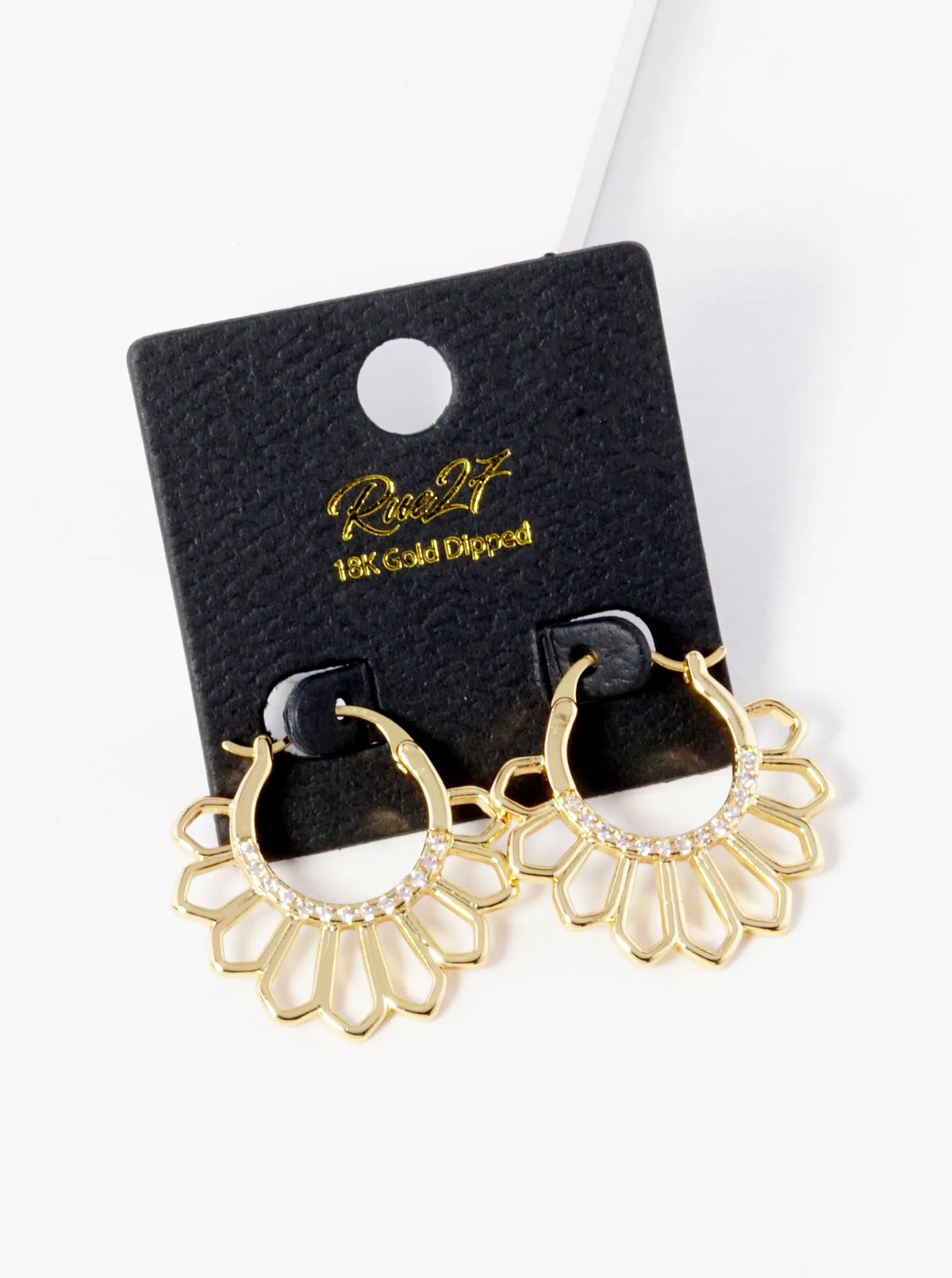 18K Gold Dipped Flower Motif Brass Pin Catch Hoop Earrings