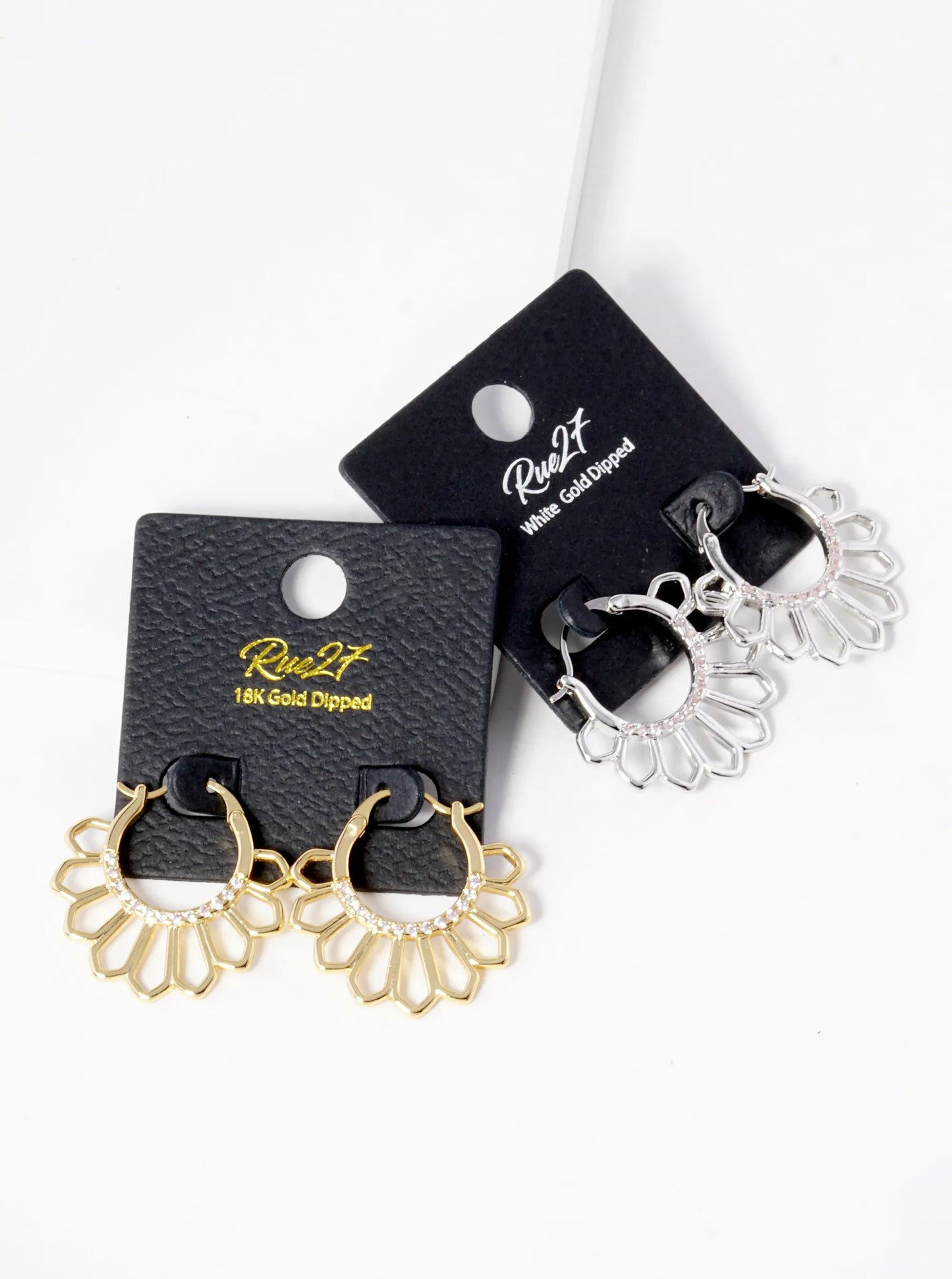 18K Gold Dipped Flower Motif Brass Pin Catch Hoop Earrings