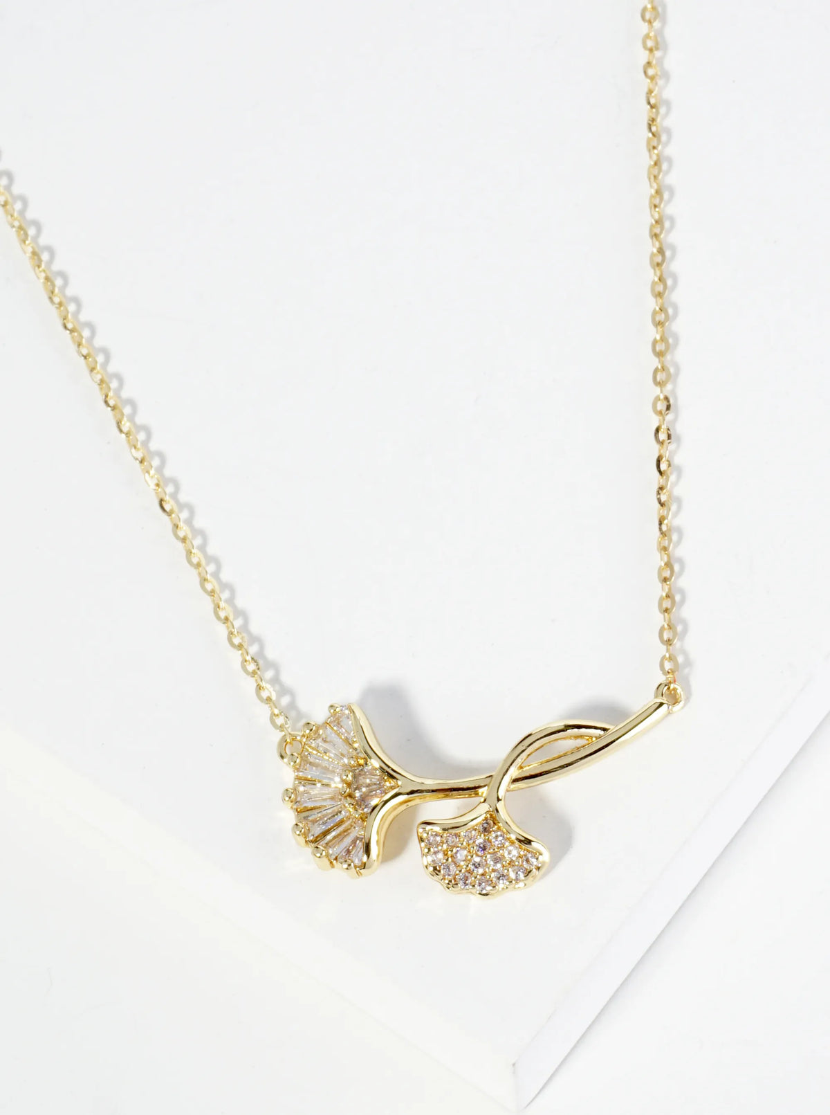 18K Gold Dipped Ginkgo Leaf Pendant Cubic Zirconia Necklace