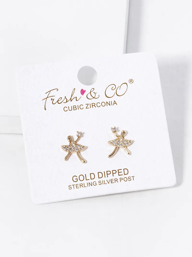 18K Gold Dipped Girl With A CZ Stone Stud Earrings