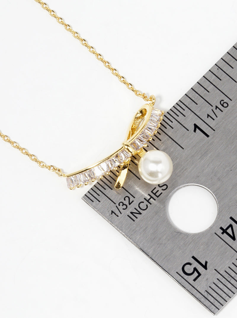 18K Gold Dipped Glass Pearl CZ Pave Ribbon Bow Pendant Necklace