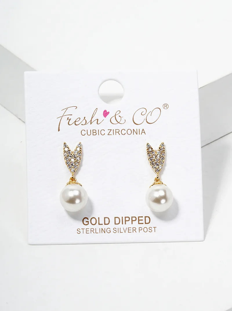 18K Gold Dipped Glass Pearl Drop CZ Pave Heart Post Earrings