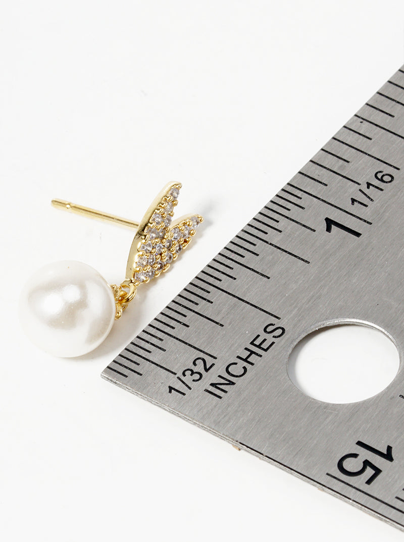 18K Gold Dipped Glass Pearl Drop CZ Pave Heart Post Earrings