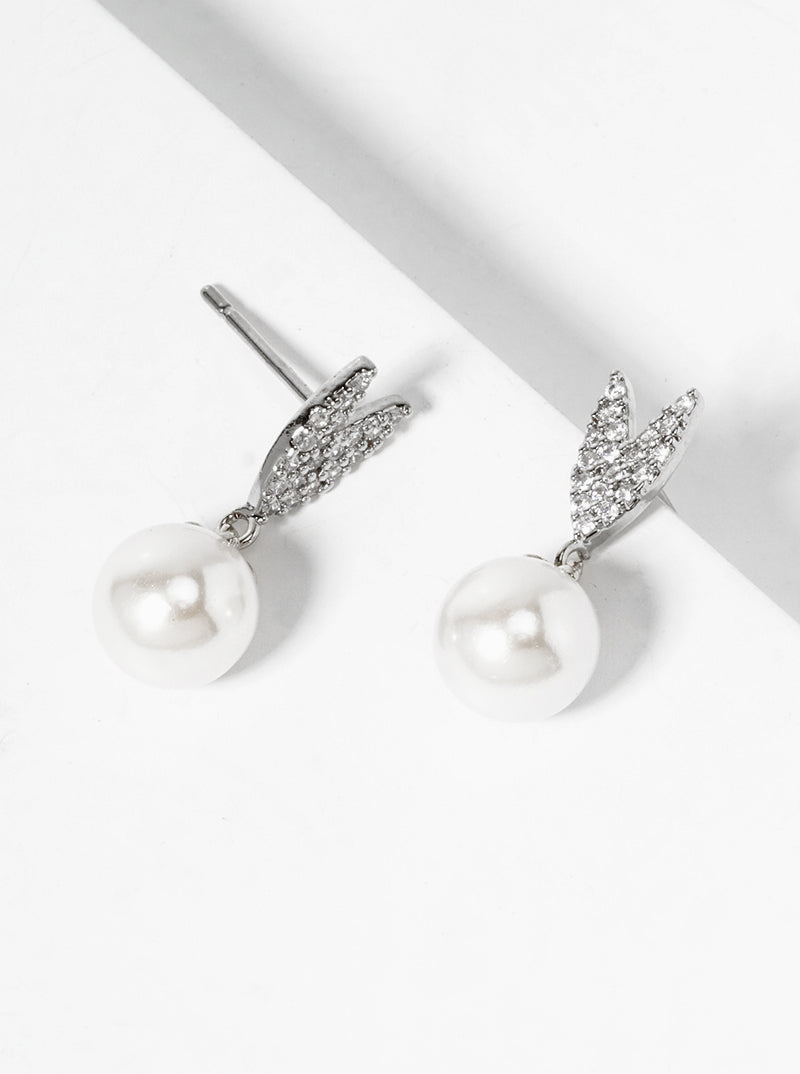 18K Gold Dipped Glass Pearl Drop CZ Pave Heart Post Earrings
