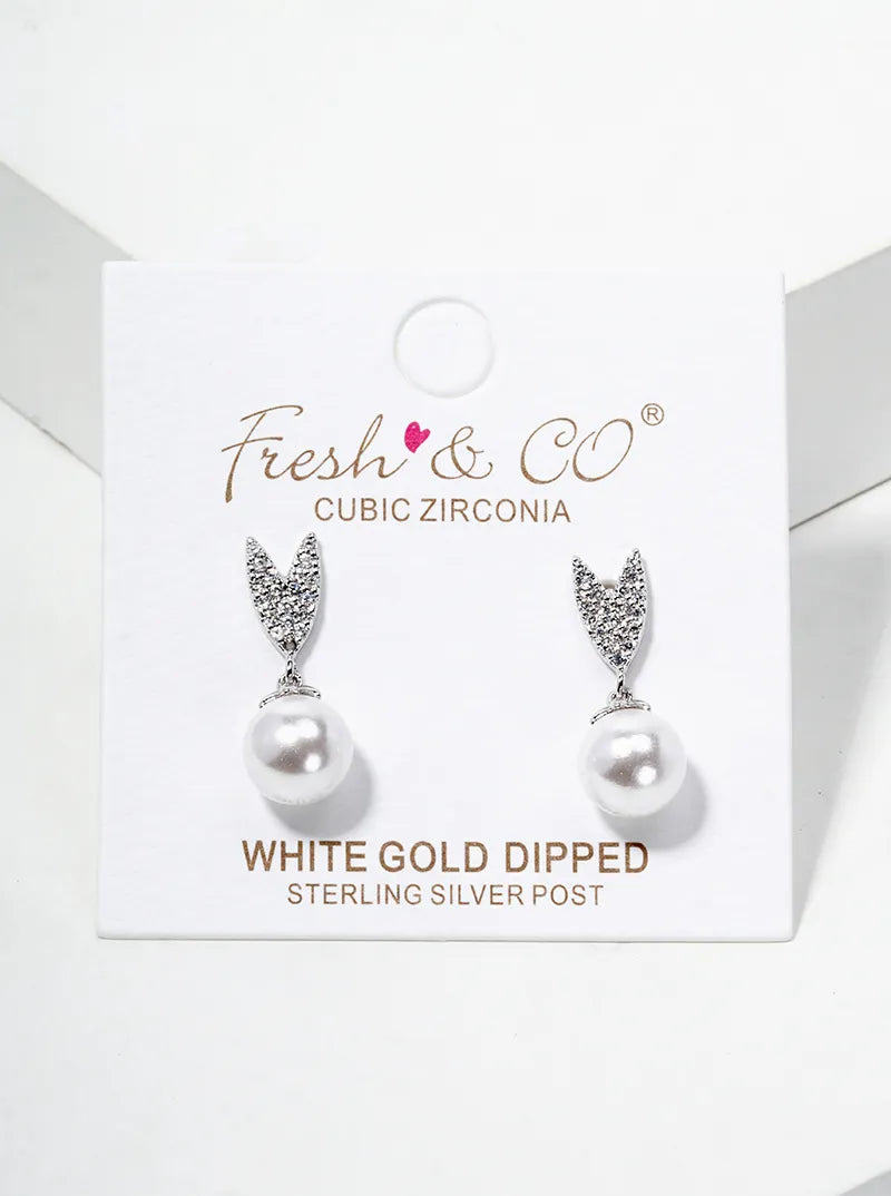 18K Gold Dipped Glass Pearl Drop CZ Pave Heart Post Earrings