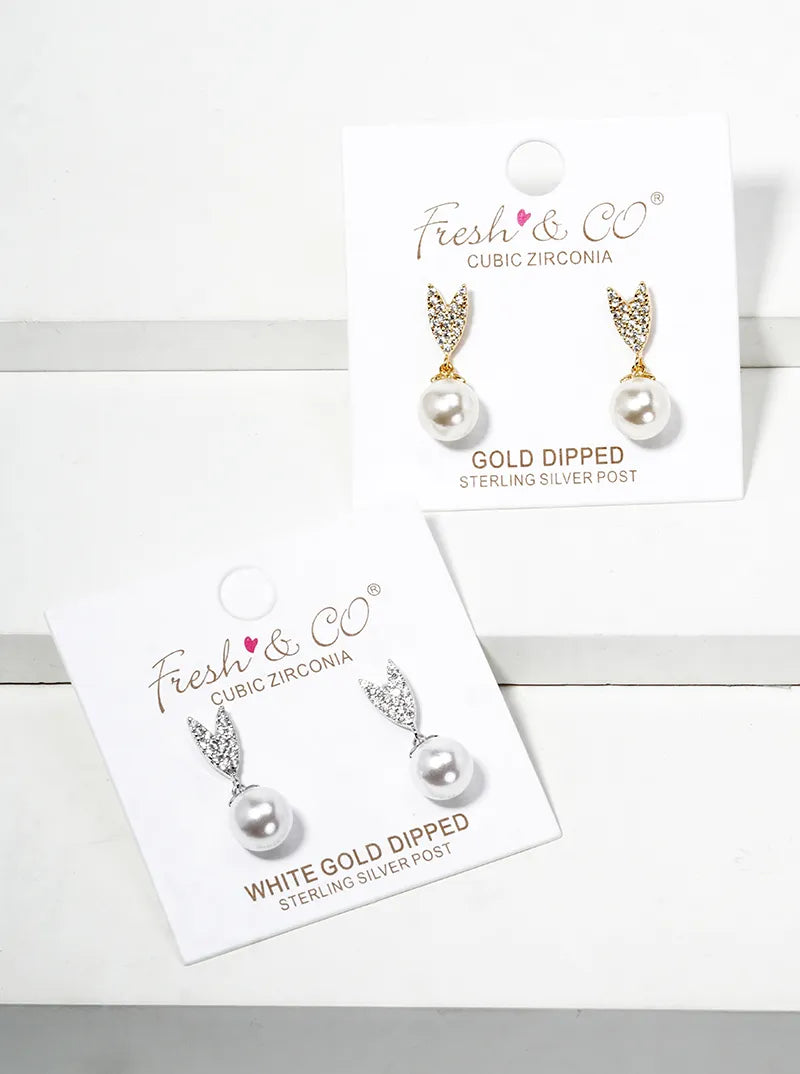 18K Gold Dipped Glass Pearl Drop CZ Pave Heart Post Earrings