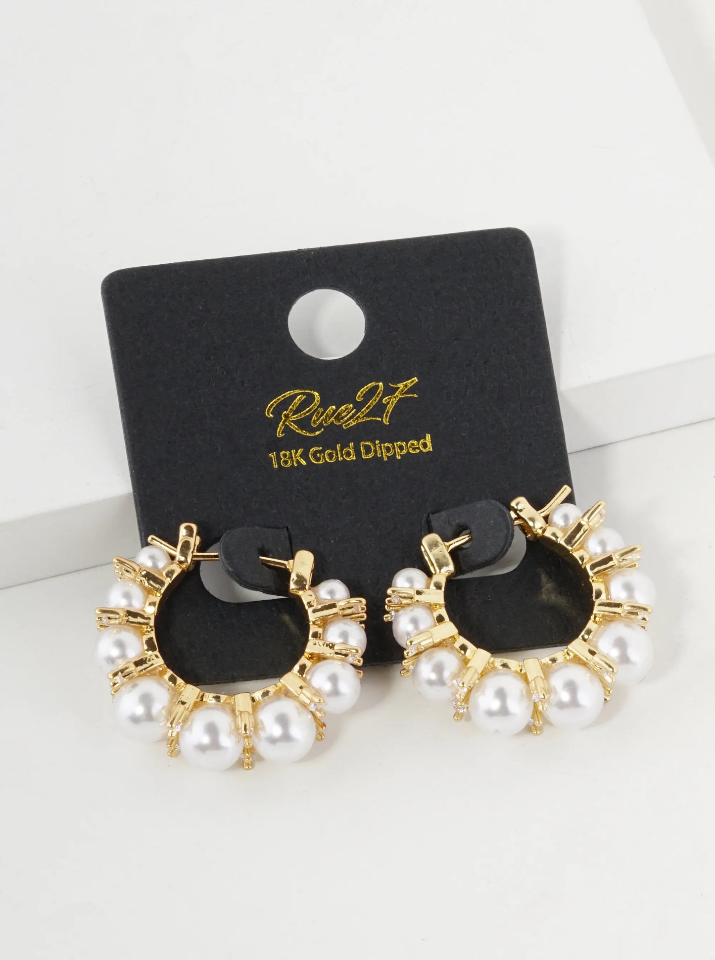 18K Gold Dipped Graduated Pearl And Cubic Zirconia 20mm Hoop Earrings