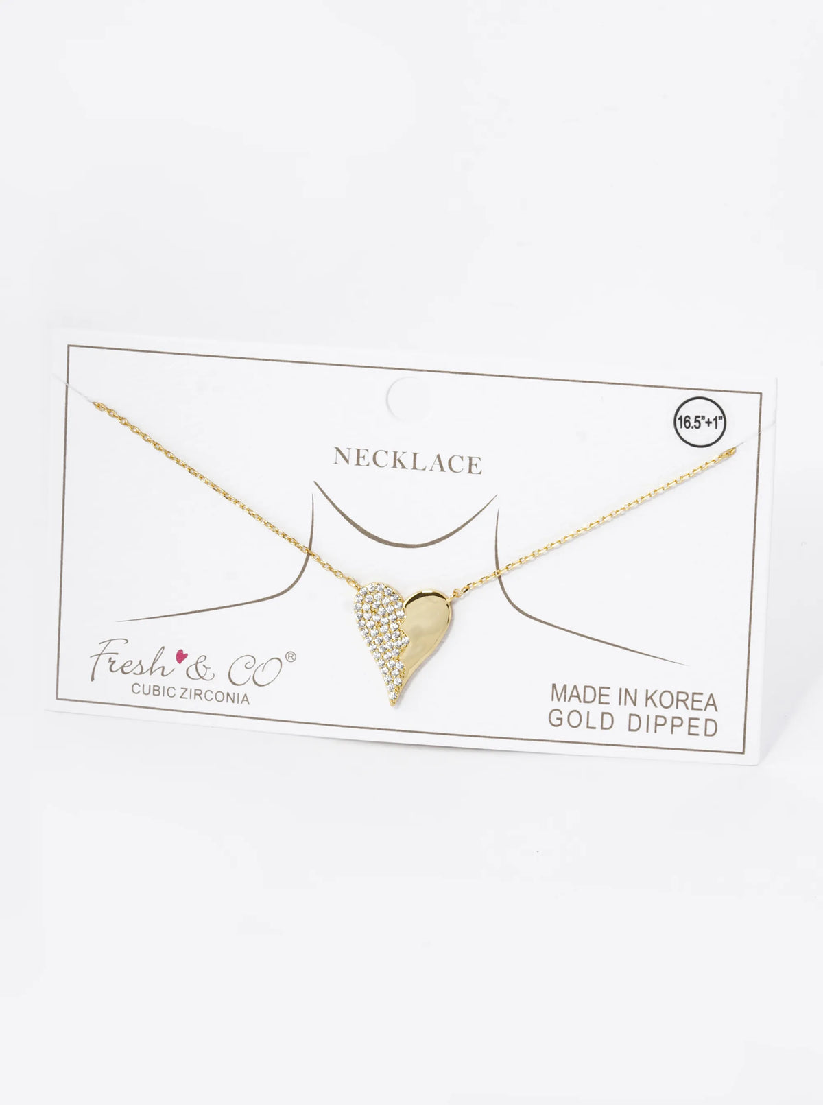 18K Gold Dipped Half Cubic Zirconia Pave Heart Pendant Necklace