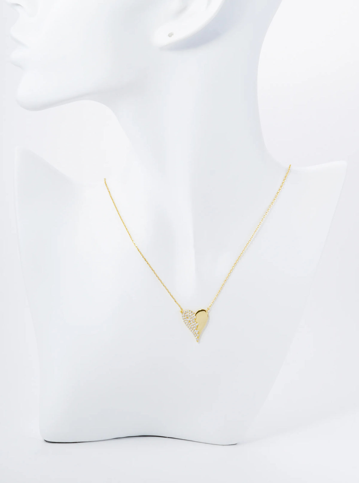 18K Gold Dipped Half Cubic Zirconia Pave Heart Pendant Necklace