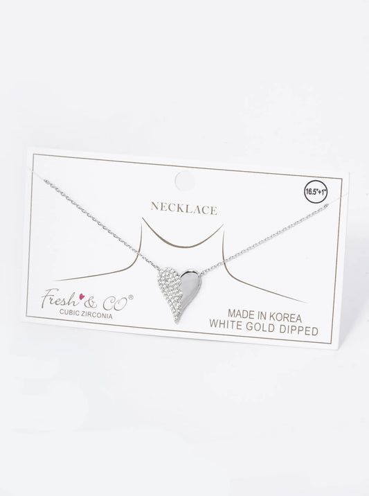 18K Gold Dipped Half Cubic Zirconia Pave Heart Pendant Necklace
