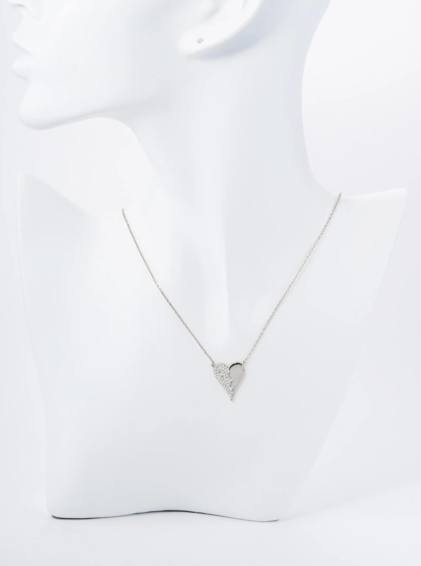 18K Gold Dipped Half Cubic Zirconia Pave Heart Pendant Necklace
