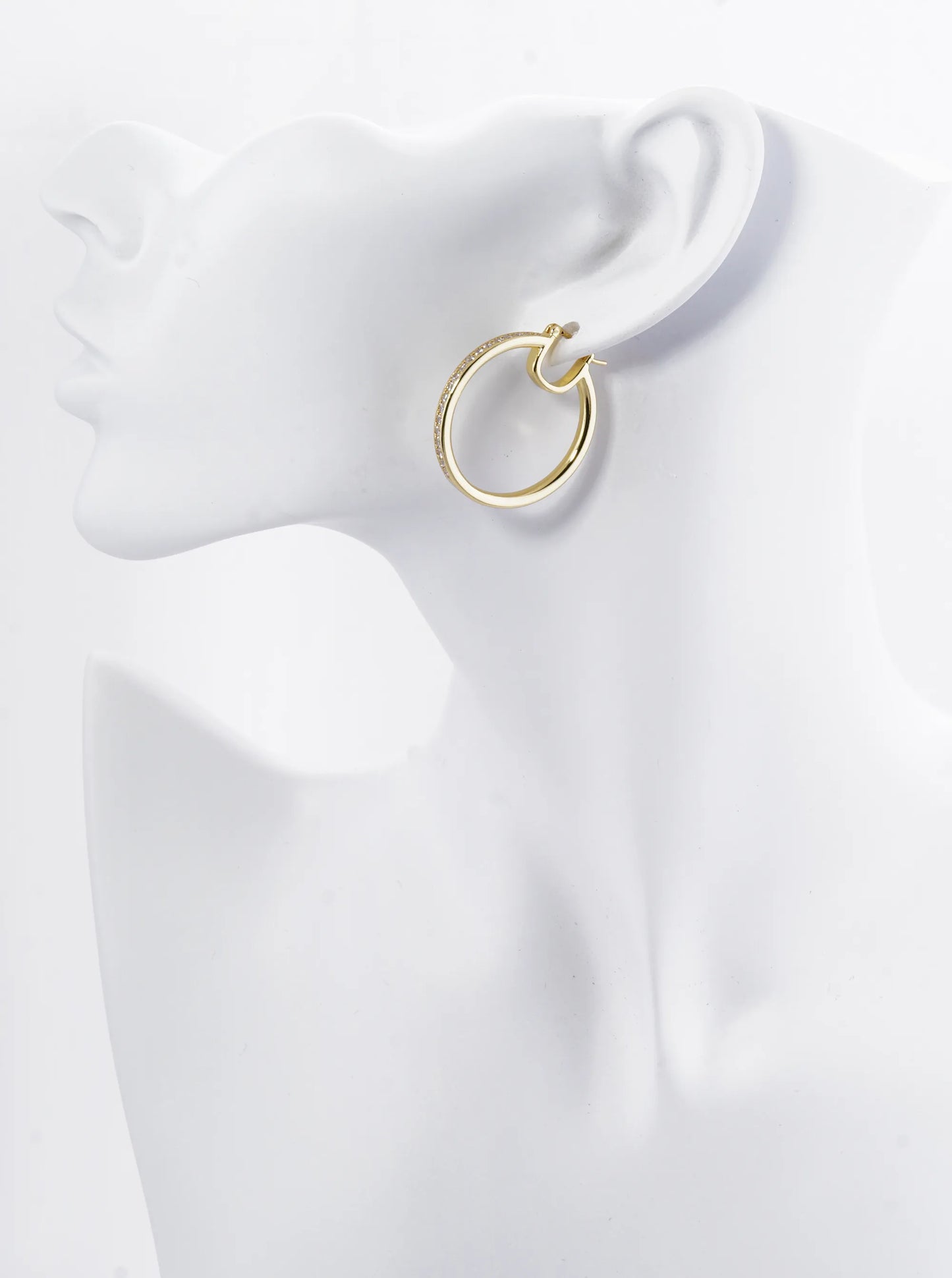 18K Gold Dipped Half Pave Set Cubic Zirconia 30mm Pin Catch Hoop Earrings