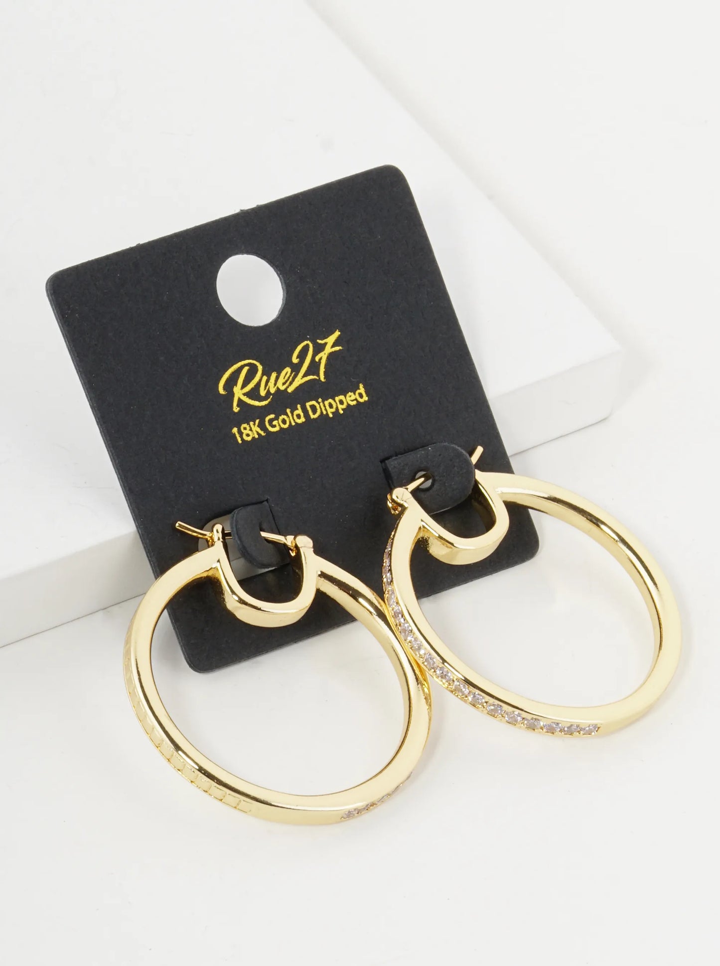 18K Gold Dipped Half Pave Set Cubic Zirconia 30mm Pin Catch Hoop Earrings