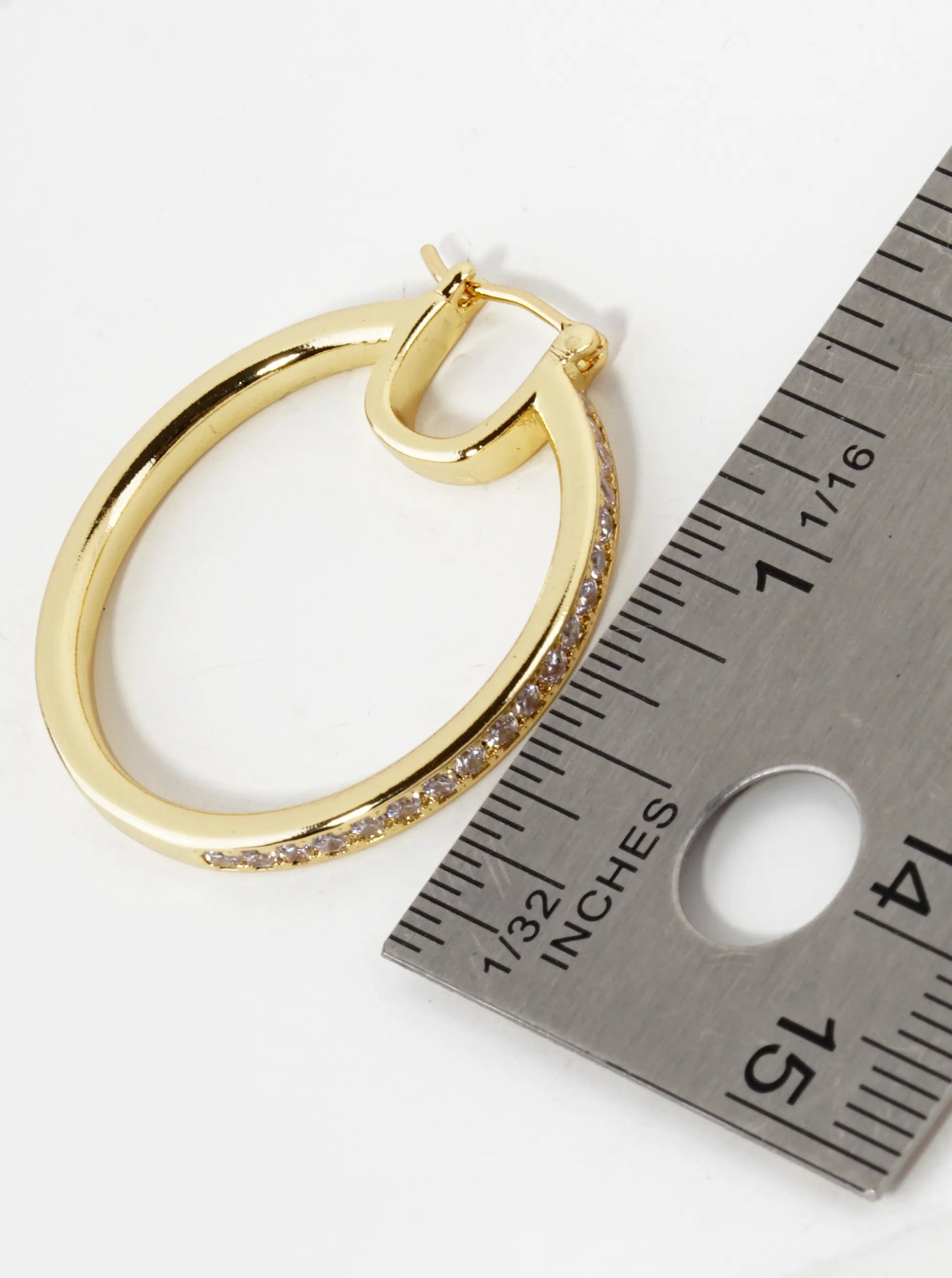 18K Gold Dipped Half Pave Set Cubic Zirconia 30mm Pin Catch Hoop Earrings