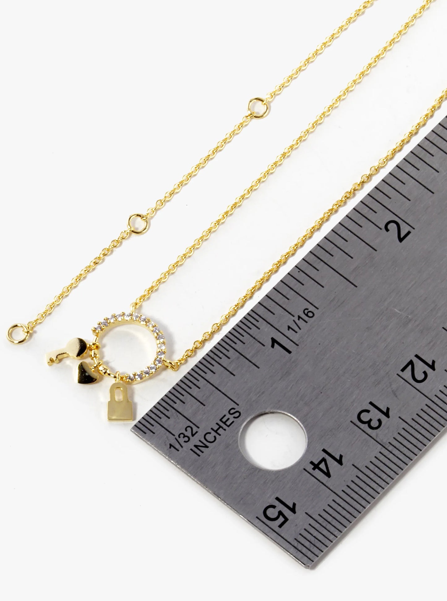 18K Gold Dipped Heart Key And Padlock Drop CZ Pave Circle Pendant Necklace