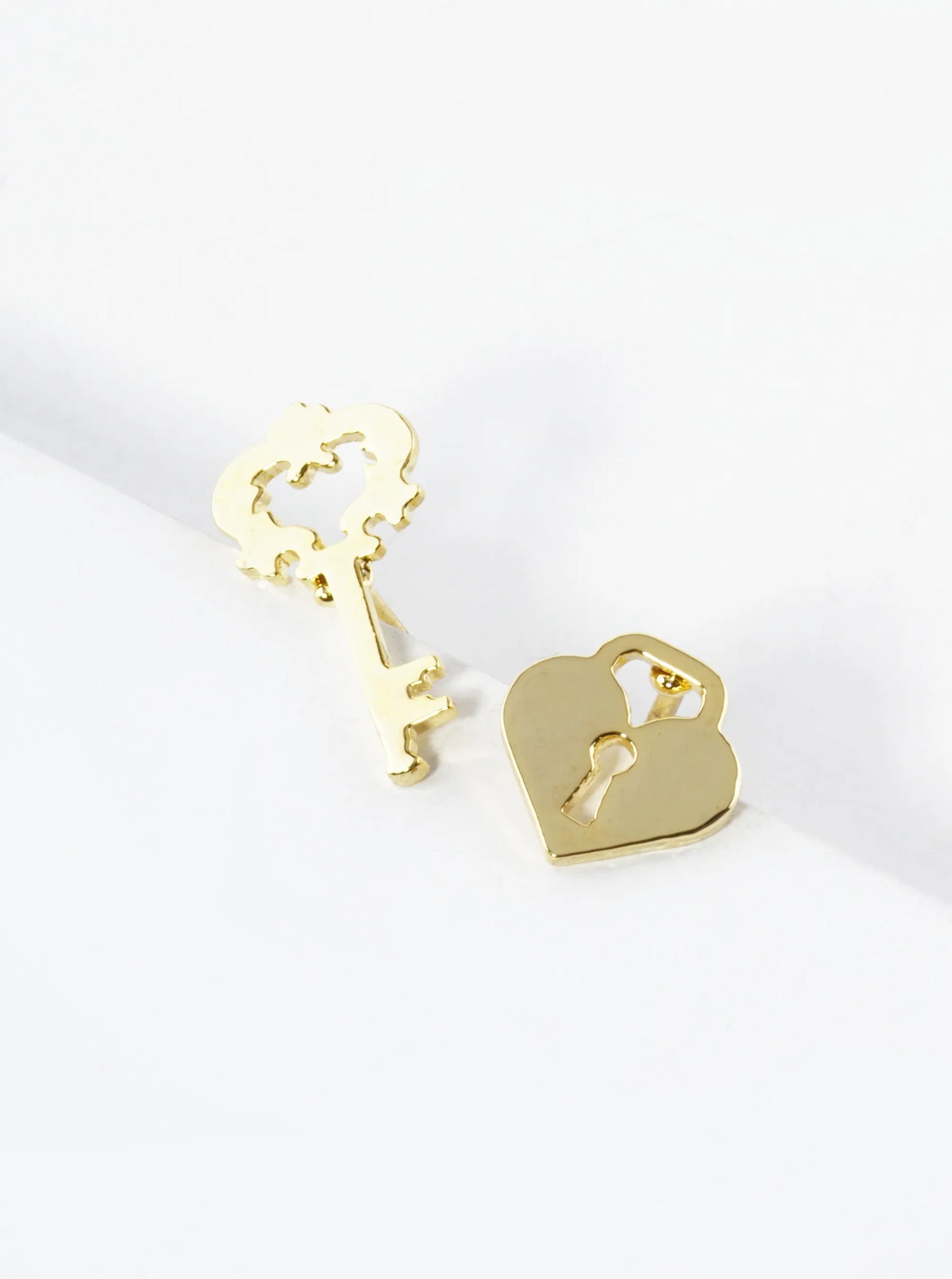 18K Gold Dipped Heart Lock And Key Asymmetric Brass Stud Earrings