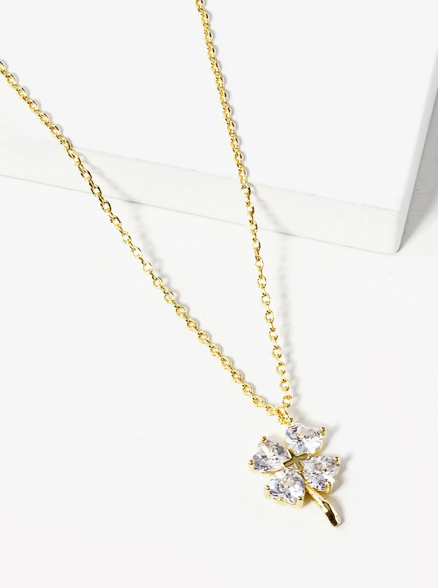 18K Gold Dipped Heart Shape CZ Stone Four-Leaf Clover Pendant Necklace
