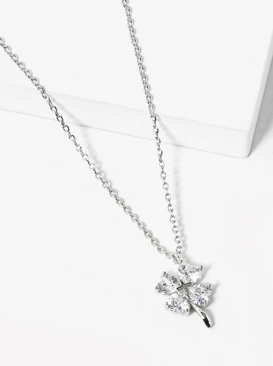 18K Gold Dipped Heart Shape CZ Stone Four-Leaf Clover Pendant Necklace