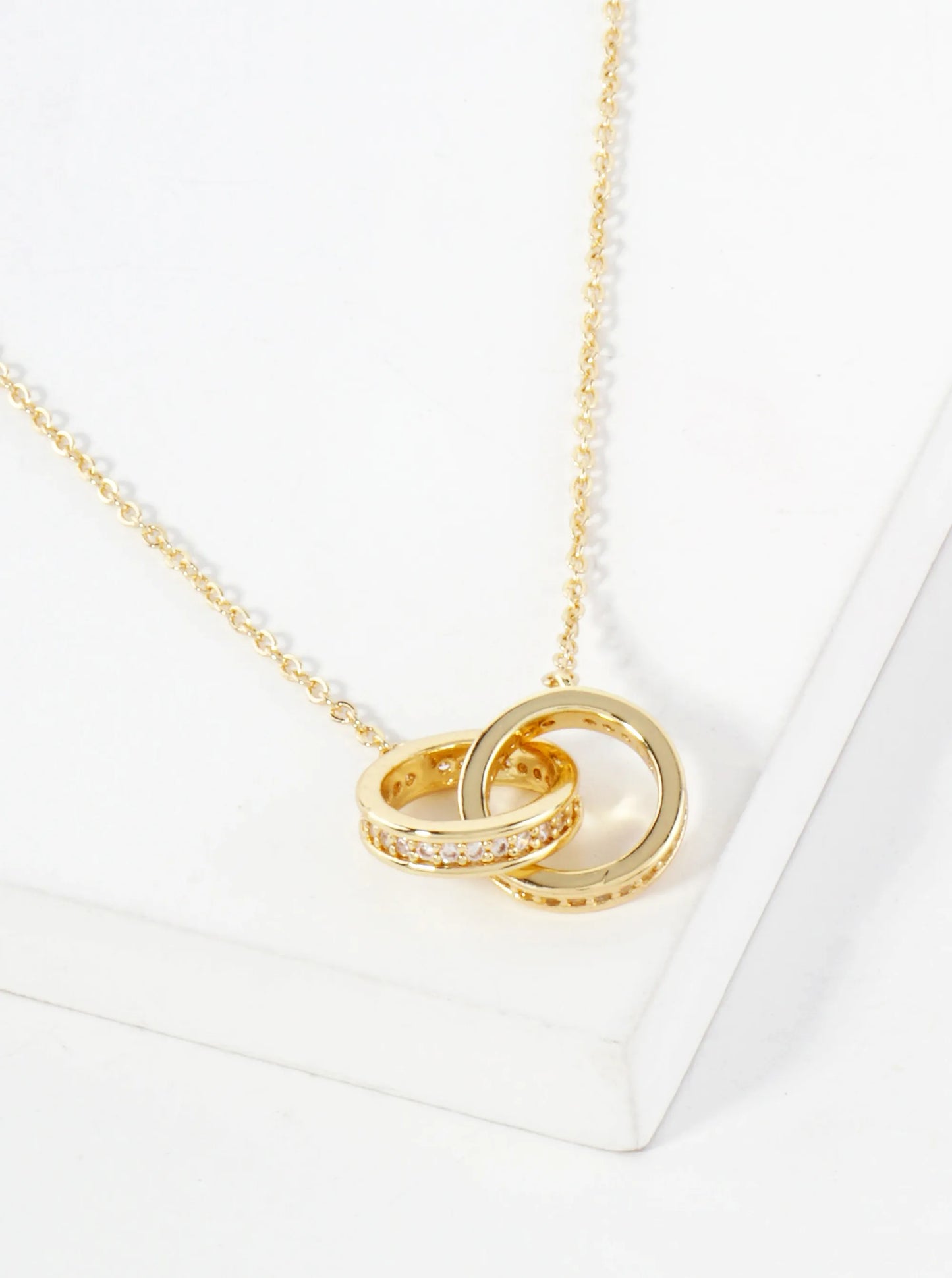 18K-Gold-Dipped Interlocking Circle Pendant Brass Necklace With Side-Set Cubic Zirconia Accents