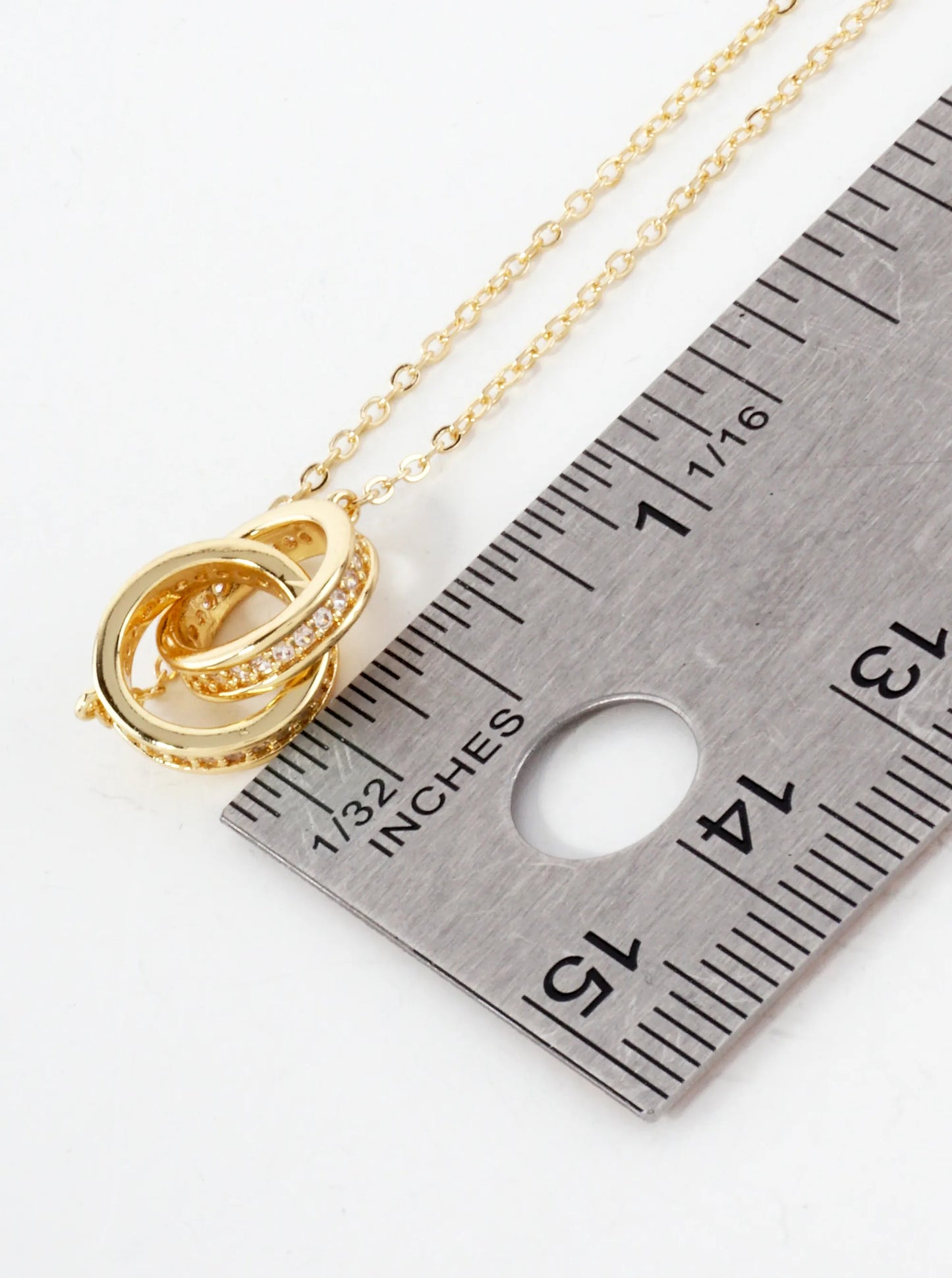 18K-Gold-Dipped Interlocking Circle Pendant Brass Necklace With Side-Set Cubic Zirconia Accents