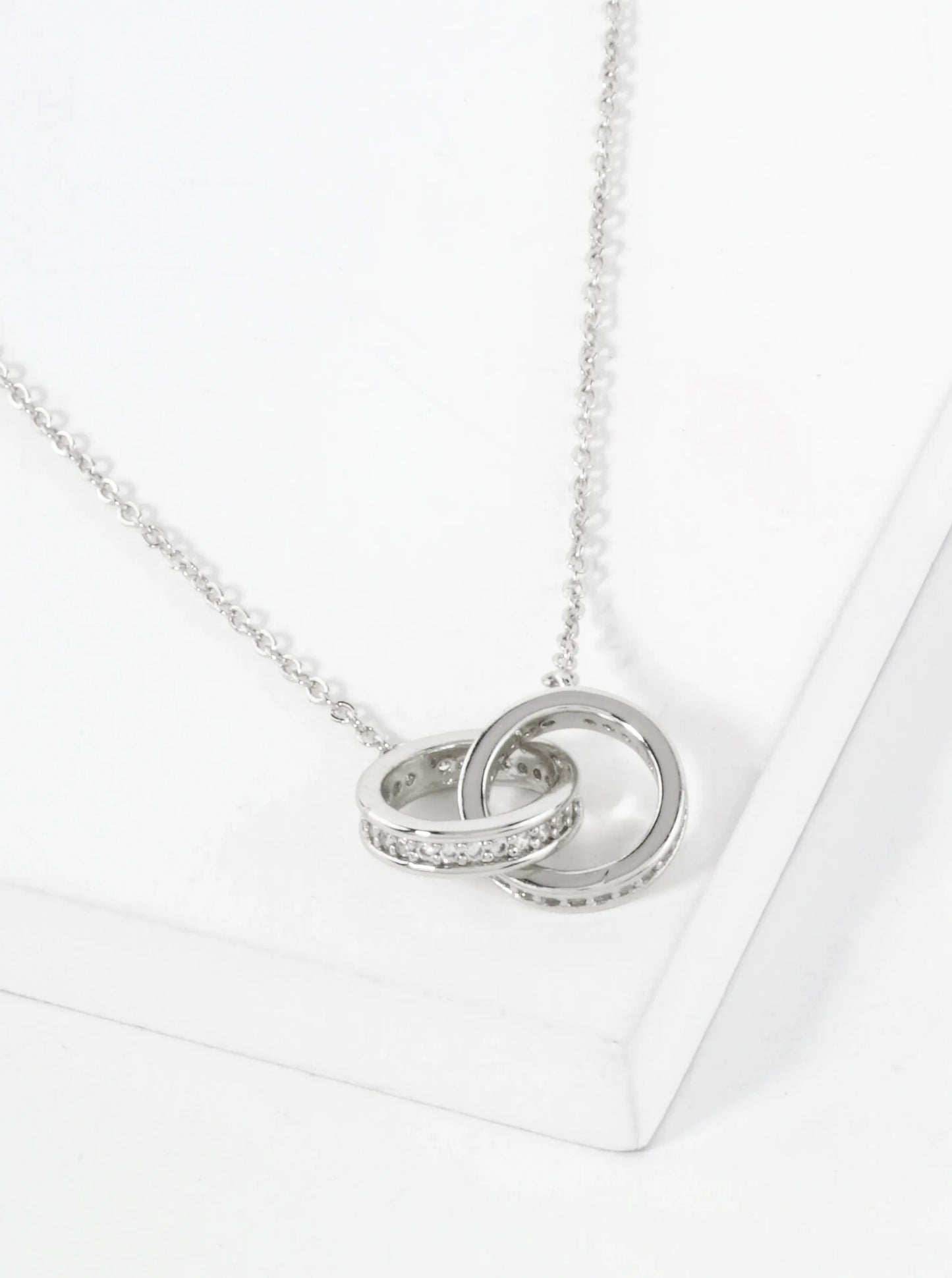 18K-Gold-Dipped Interlocking Circle Pendant Brass Necklace With Side-Set Cubic Zirconia Accents