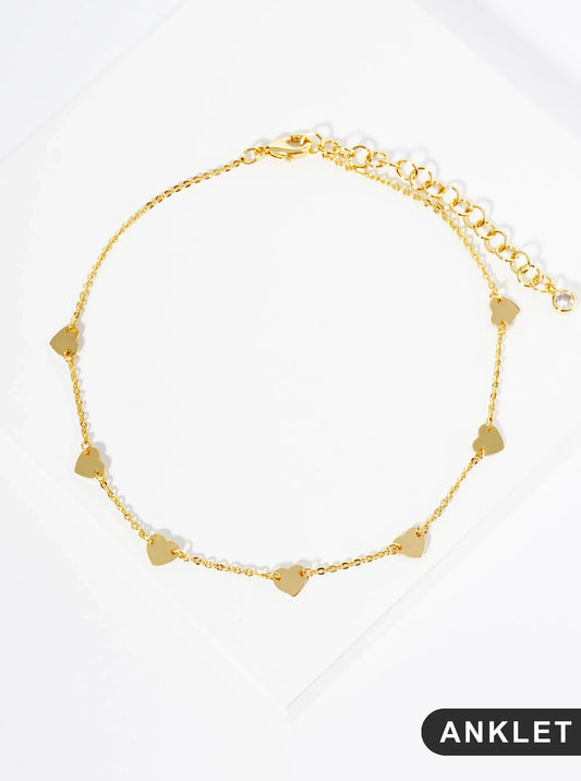 18K Gold Dipped Linked Delicate Heart Brass Chain Anklet