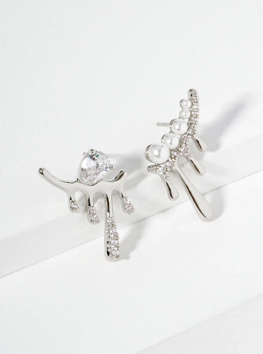 18K Gold Dipped Melting CZ Glass Pearl Bar Asymmetrical Stud Earrings