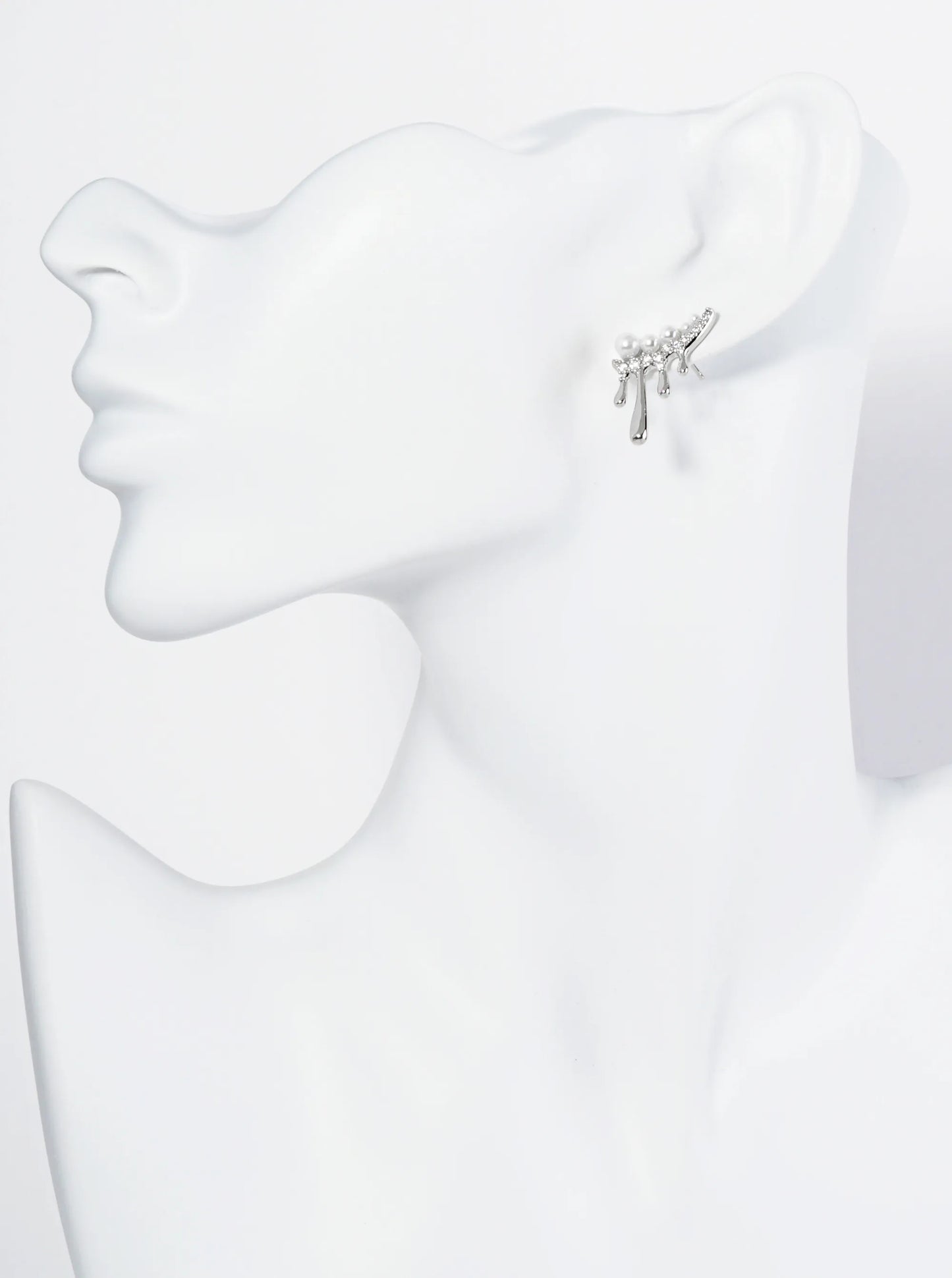 18K Gold Dipped Melting CZ Glass Pearl Bar Asymmetrical Stud Earrings