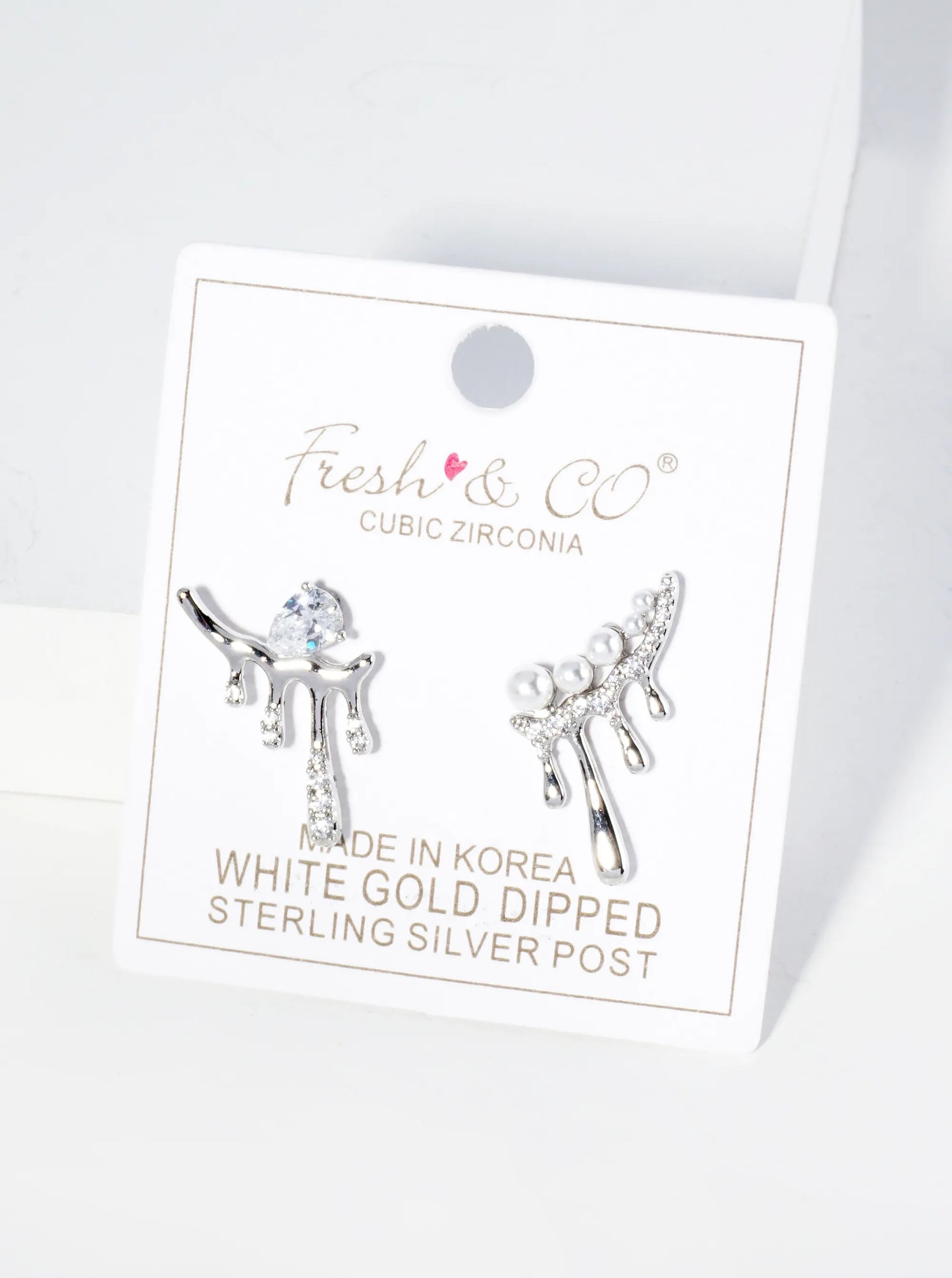 18K Gold Dipped Melting CZ Glass Pearl Bar Asymmetrical Stud Earrings