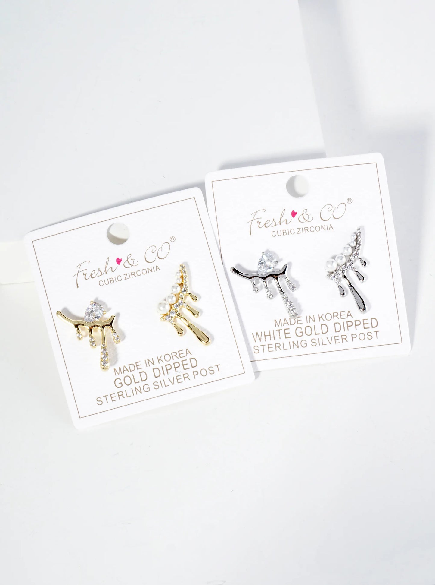 18K Gold Dipped Melting CZ Glass Pearl Bar Asymmetrical Stud Earrings