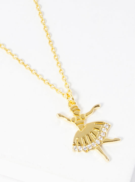 18K Gold Dipped Metal CZ Pave Ballerina Girl Pendant Delicate Necklace