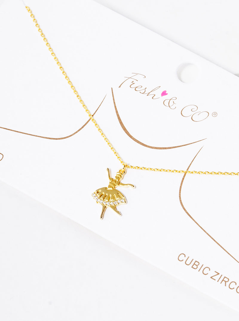 18K Gold Dipped Metal CZ Pave Ballerina Girl Pendant Delicate Necklace