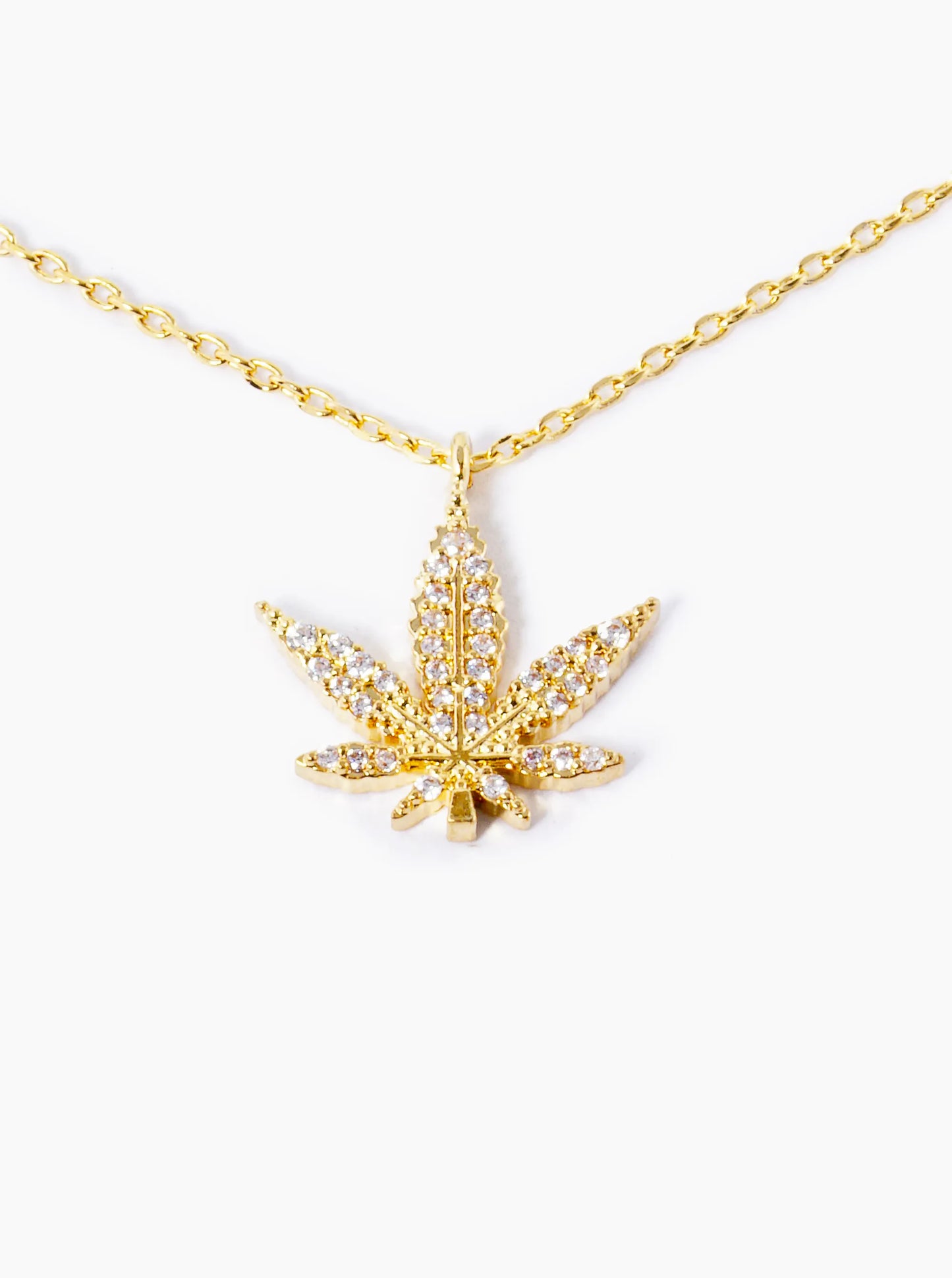 18K Gold Dipped Micro CZ Pave Cannabis Leaf Pendant Necklace