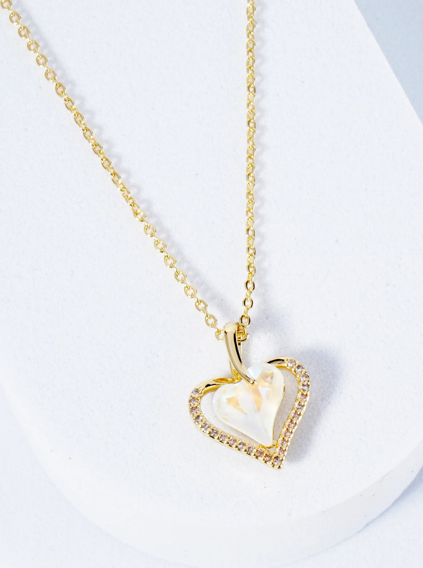 18K Gold Dipped Micro CZ Pave Opal Heart Pendant Necklace