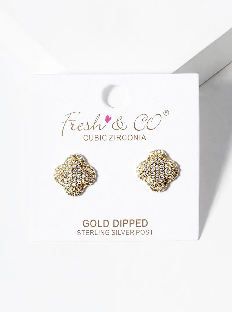 18K Gold Dipped Micro Pave Set 13mm Quatrefoil 925 Sterling Silver Post Stud Earrings